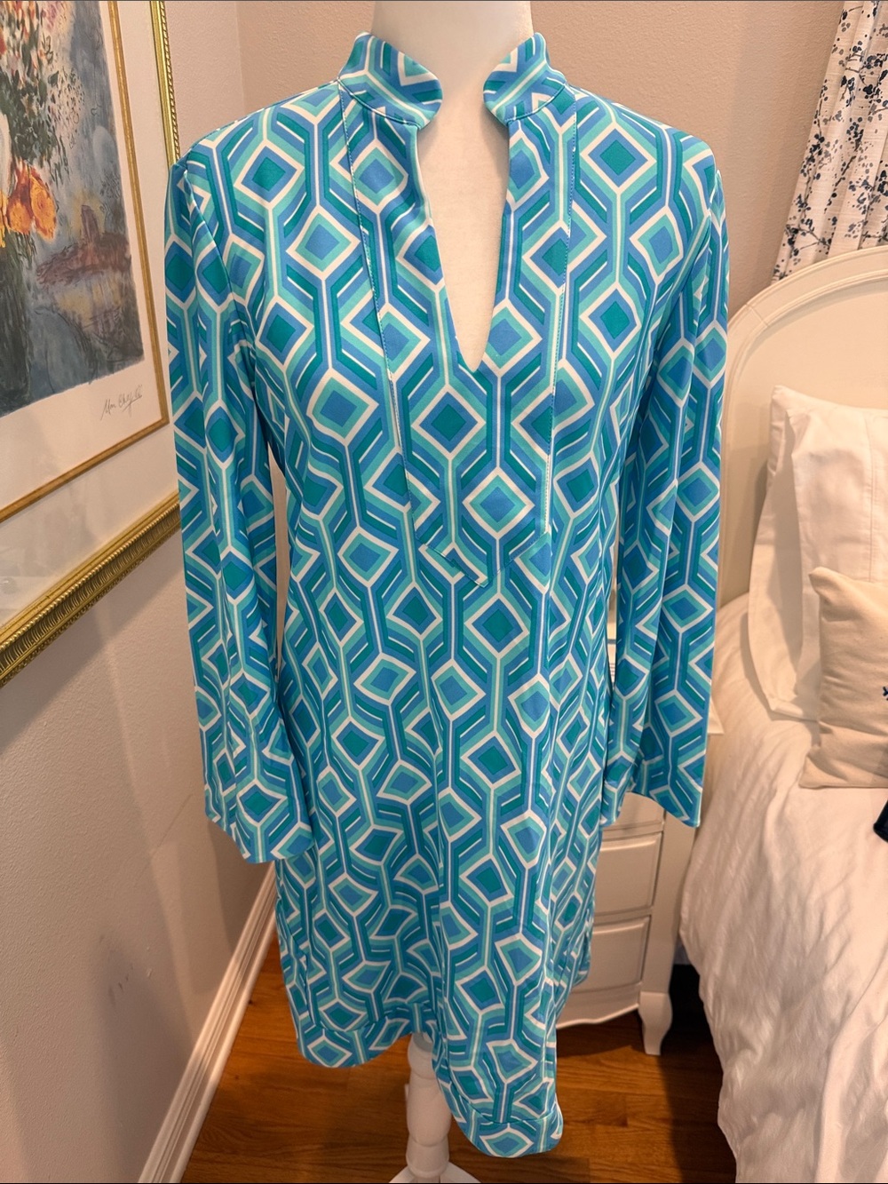 Jude Connally Aqua Geometric Long Sleeve Split-Neck Kate Dress
